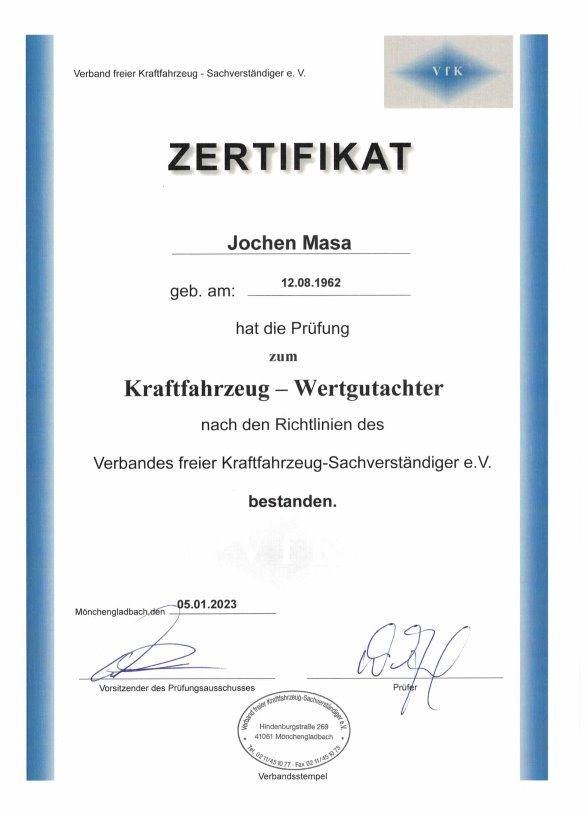 Zertifikat Kraftfahrzeug - Wertgutachter